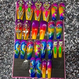 Lisa Frank Inspired Airbrush Gel Colorful Rainbow Dolphin Bling Coffin Press Ons